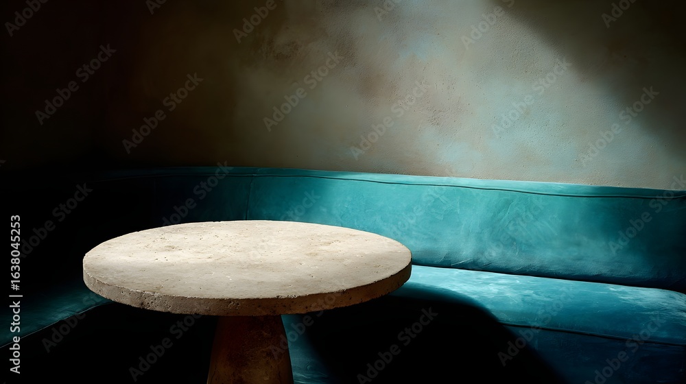 Fototapeta premium Light-filled interior scene with a round table and teal-colored seating.