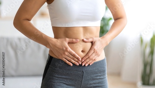 Female in a sports bra with hands on her stomach, highlighting bloating, digestion problems, and fitness issues