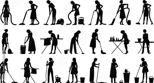Silhouettes of people doing cleaning chores, vacuuming, mopping, ironing, scrubbing, household maintenance, domestic work, tools, home hygiene icons