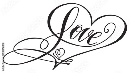 Elegant Black Calligraphy Love Heart Design with Flourishes.