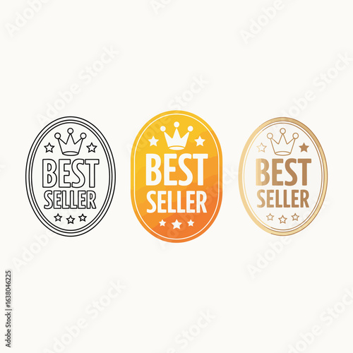 Collection of three best seller badges with crown icons