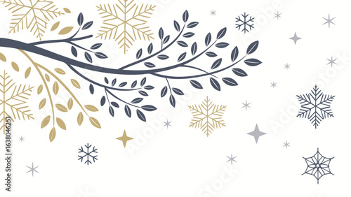 Elegant Winter Branch with Gold and Blue Snowflakes and Stars.