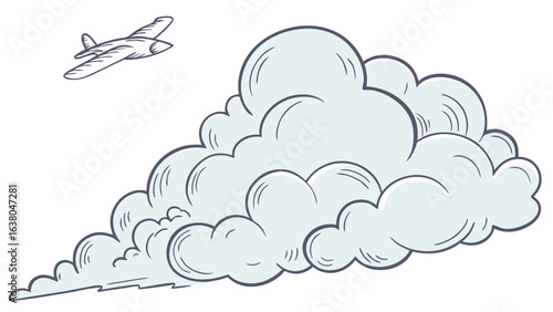 Handdrawn Airplane and Cumulus Cloud Illustration.