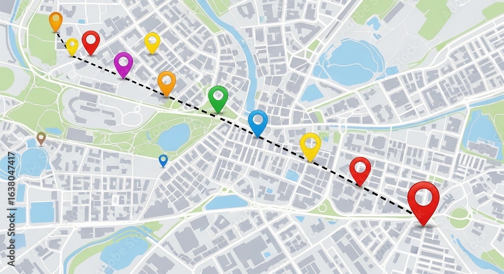 Fototapeta premium City map illustration with a route marked by colorful location pins indicating various destinations or milestones along the way, suitable for navigation, travel, and urban planning themed designs.