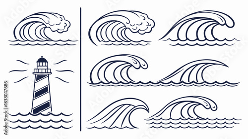 Lighthouse and Stylized Ocean Waves in Vector Illustration.