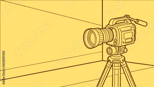 Line Art of a Professional Movie Camera on Tripod.