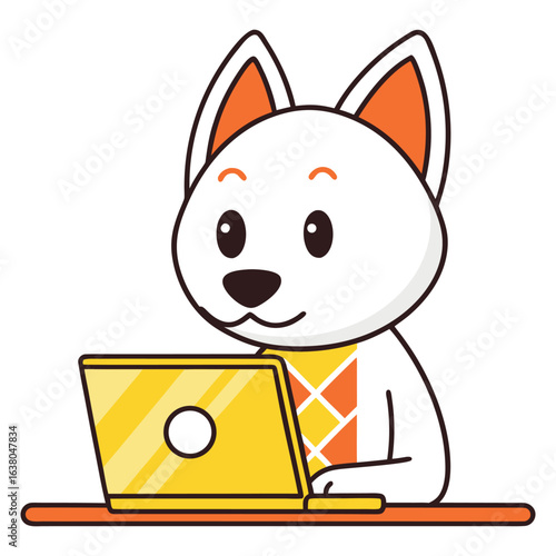 Cute cartoon dog working happily on a bright yellow laptop