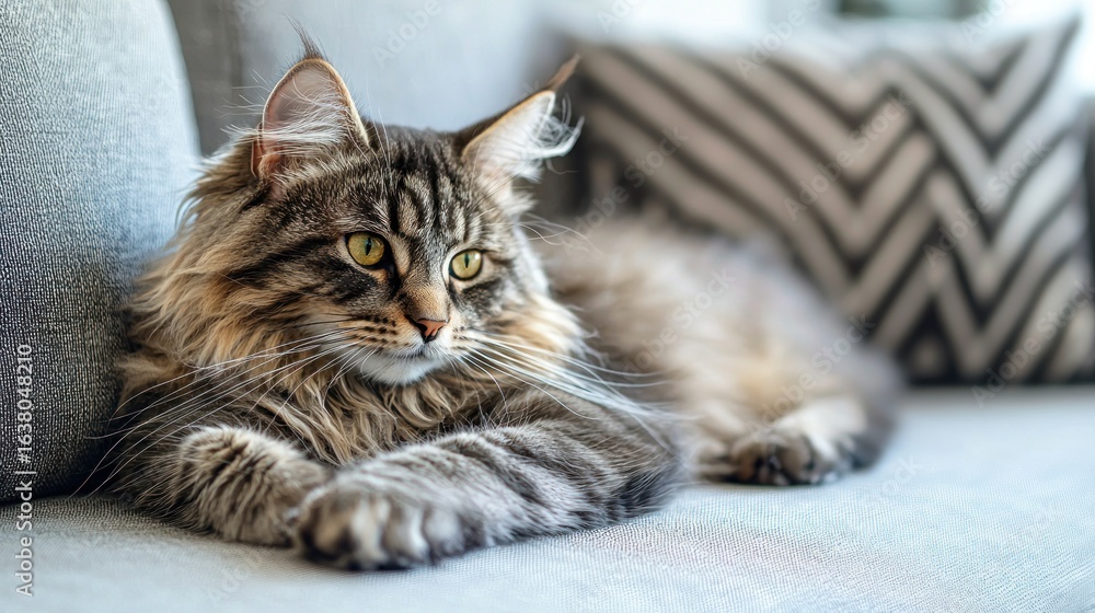 Obraz premium Maine Coon cat lying on sofa at home, closeup