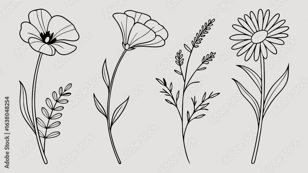 Naklejka premium Outlined Floral Illustrations Featuring Various Blooming Flowers and Foliage.
