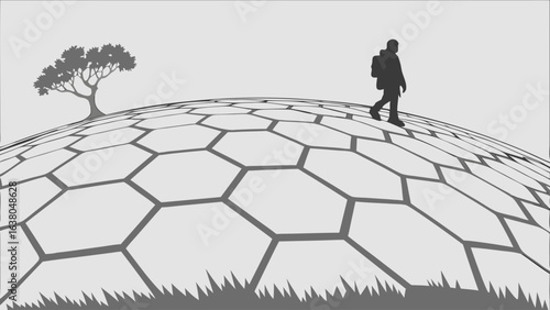 Silhouette of a Hiker with Backpack on Hexagonal Dome Landscape.