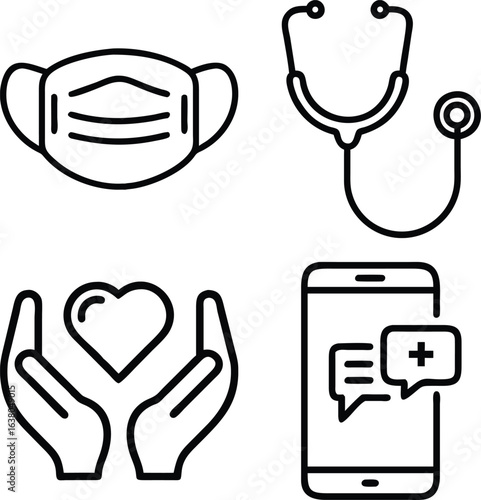 A collection of four simple line art icons representing healthcare: a medical mask, stethoscope, hands holding a heart, and a smartphone with a message.
