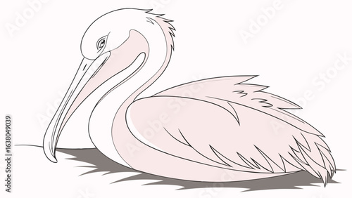 Resting Pelican Illustration with Long Beak and Feathery Wings.