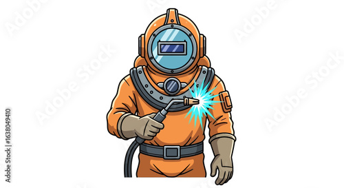 Cartoon illustration of a commercial diver in a vintage orange diving suit performing underwater welding