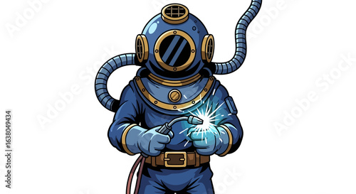 Cartoon illustration of a professional underwater welder in a vintage deep-sea diving suit