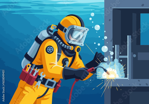 vector illustration of Professional commercial diver in a yellow diving suit performs underwater welding for industrial repair and construction.