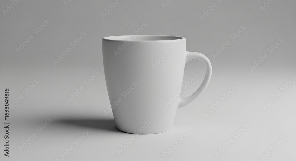 Fototapeta premium A clean, white ceramic coffee mug sits on a neutral surface, casting a shadow, perfect for product mockups, branding, or minimalist designs.