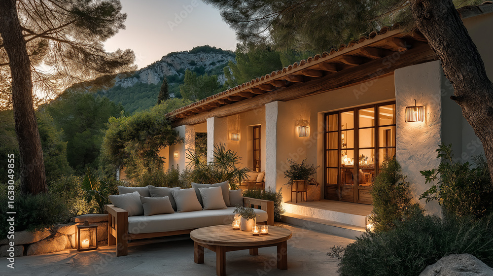 Fototapeta premium Serene Villa Terrace: A cozy villa terrace invites relaxation, adorned with a wooden table, comfortable sofa, and ambient lighting, offering a tranquil space to unwind and enjoy nature's beauty.