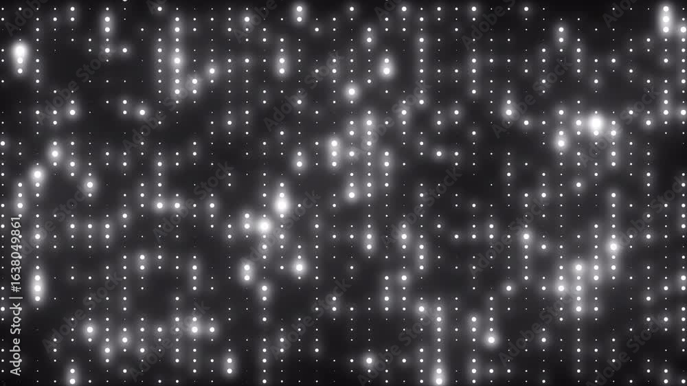 Abstract glowing disco background of white neon flashing lights seamless motion. Silver LED lights wall for disco party, night club, music video, and fashion event. Vibrant disco lights VJ loop. 4k.