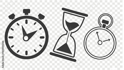 Stopwatch Hourglass and Pocket Watch Icons Representing Time.