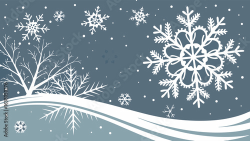 Winter Scene with Snowflakes Trees and Snowdrifts in White.