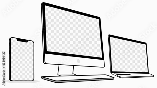 Stylized Computer Laptop and Smartphone Illustration with Transparent Screens.