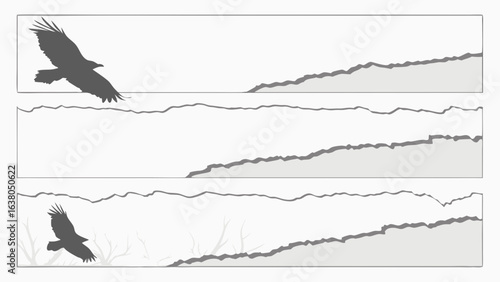 Three Banners with Eagle Silhouettes and Abstract Landforms.