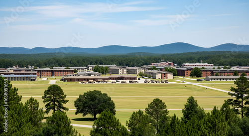 Scenic landscape view of a military training base with barracks, representing discipline and readiness, located in a remote, forested mountain area.