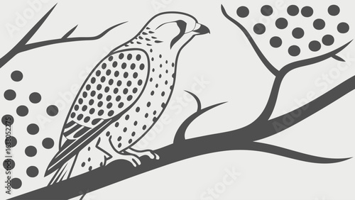 Detailed Illustration of a Bird of Prey on a Branch.