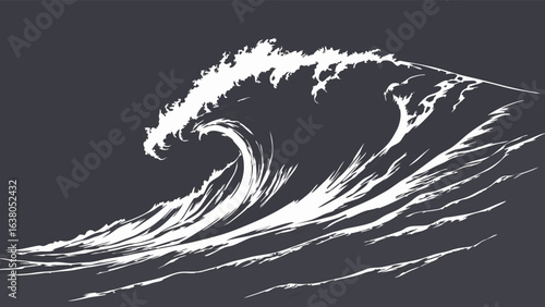 Dramatic White Ink Wave Illustration Ocean Crest Design.