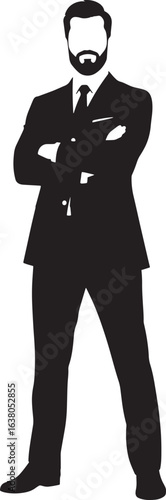 A powerful silhouette of a confident businessman with a beard and crossed arms, symbolizing leadership, authority, and professional success