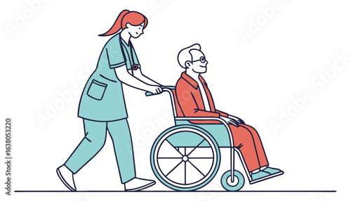Guy in wheelchair with doctor concept. Woman in medial uniform help man with disability. Volunteer care and help. Healthcare and medicine. Linear flat vector illustration isolated on white background 