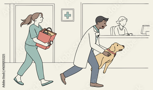 Animal care concept. Alarmed woman and man brought a sick dog to see a veterinarian. Flat vector illustration          