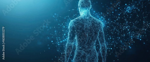 Abstract isolated human body on blue background. Polygonal top of body of adult man with polygons, particles, lines and connected dots. Medicine and healthy life digital concept. Low poly wireframe