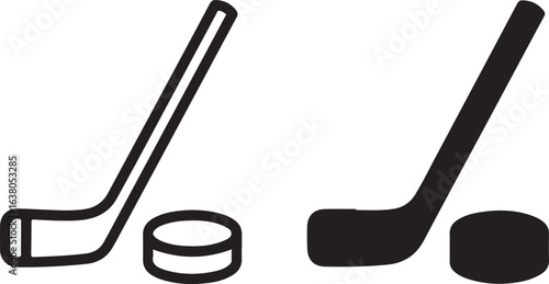 Hockey Stick and Puck Icon: Vector Symbol Set, Black and White Line Art, Sports Sign Design