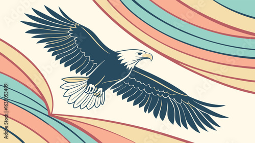 Majestic Eagle in Flight Against a Pastel Rainbow Background.