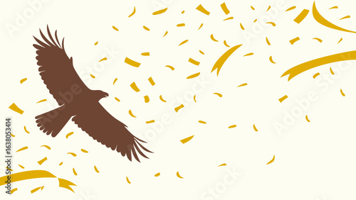 Majestic Brown Eagle in Flight Amidst Golden Confetti.