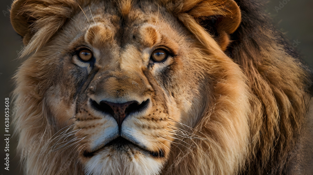 Fototapeta premium Majestic Lion's Gaze: A close-up portrait of a magnificent male lion, its intense eyes capturing the essence of the animal's regal presence, showcasing its strength and beauty.