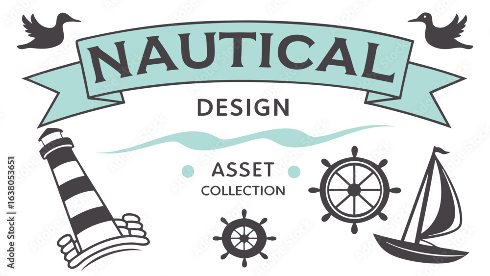 Fototapeta premium Nautical Design Asset Collection Lighthouse Ship Wheel Sailboat Birds.