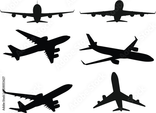 Collection of airplane silhouettes, front and side views, black aircraft icons, commercial passenger jets flying isolated on white background