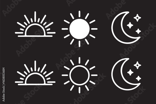 Set of time of the day icons. Sunset, sun, moon icons. Vector illustration