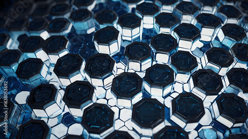 Honeycomb Structure: Abstract honeycomb pattern in shades of blue. The geometric arrangement showcases the intricate design and a sense of technology or future. 