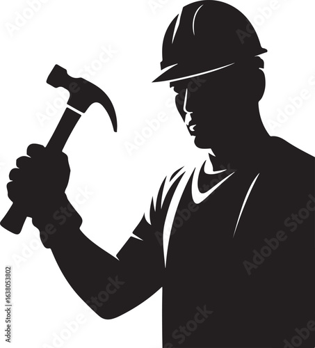 Construction worker holding hammer silhouette vector illustration design