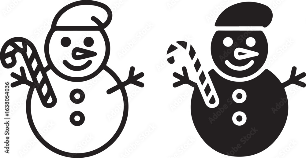 Fototapeta premium Vector Snowman Icon: Cute Christmas Sign, Holiday Symbol, Line Art and Solid Styles