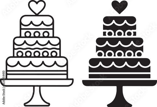 Wedding Cake Icon: Vector Sign Symbol,  Outline and Solid Styles, Romantic Design