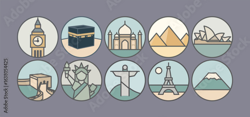 Iconic World Landmarks in Circular Vector Illustration.