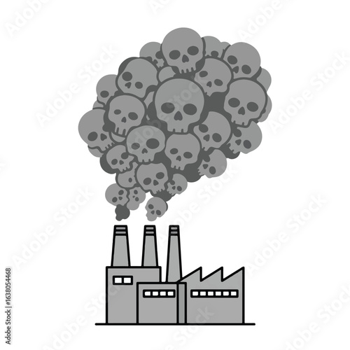 Industrial pollution depicted as a dark plume of smoke filled with skulls, emanating from a factory.