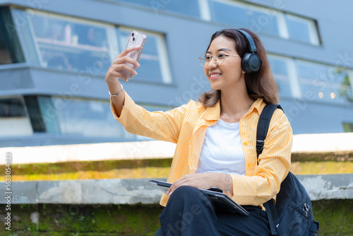 A woman is sitting on a ledge with a cell phone in her hand and a backpack on her lap. She is smiling and taking a selfie