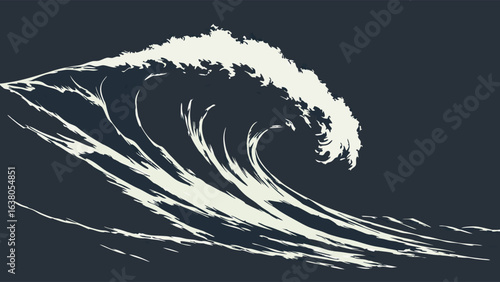 Stylized Graphic Illustration of a Powerful Ocean Wave.