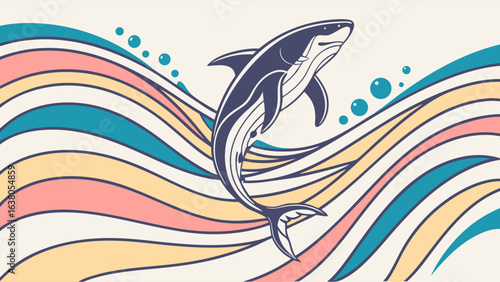 Stylized Illustration of a Jumping Shark with Colorful Waves.