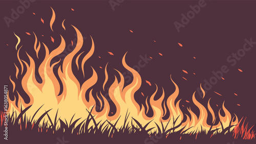 Stylized Illustration of Burning Flames and Grass in Dark Setting.